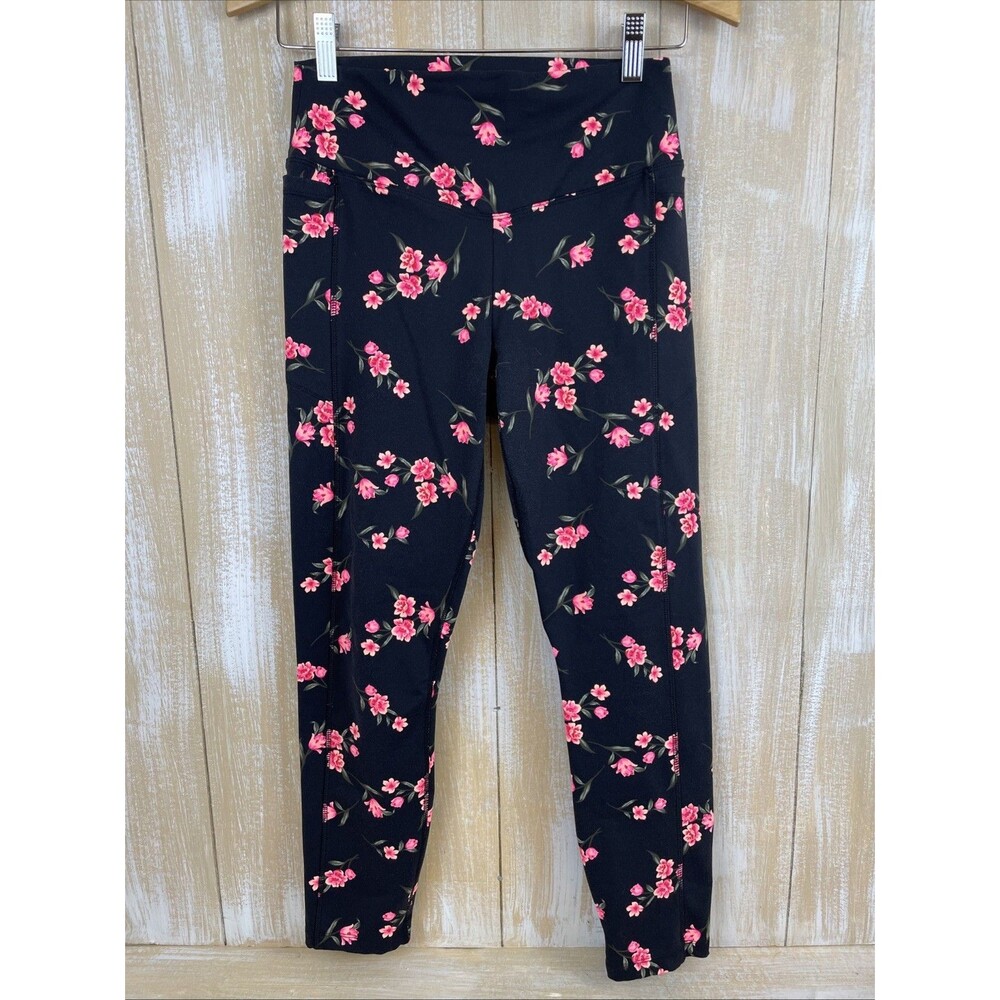 PINK Victoria's Secret Women's M Black Pink Floral Ultimate Leggings Pockets
